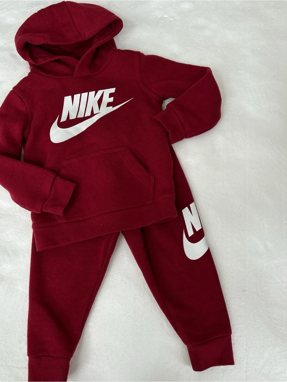 Burgundy Nike kids tracksuit white logo fleece sweatshirt hoodie sweatpants set